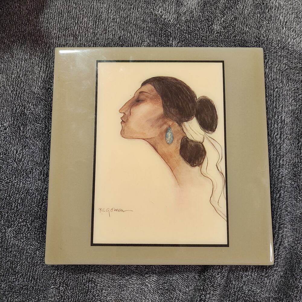 Navajo print on tile singed R.C. Gorman beautiful young woman b38